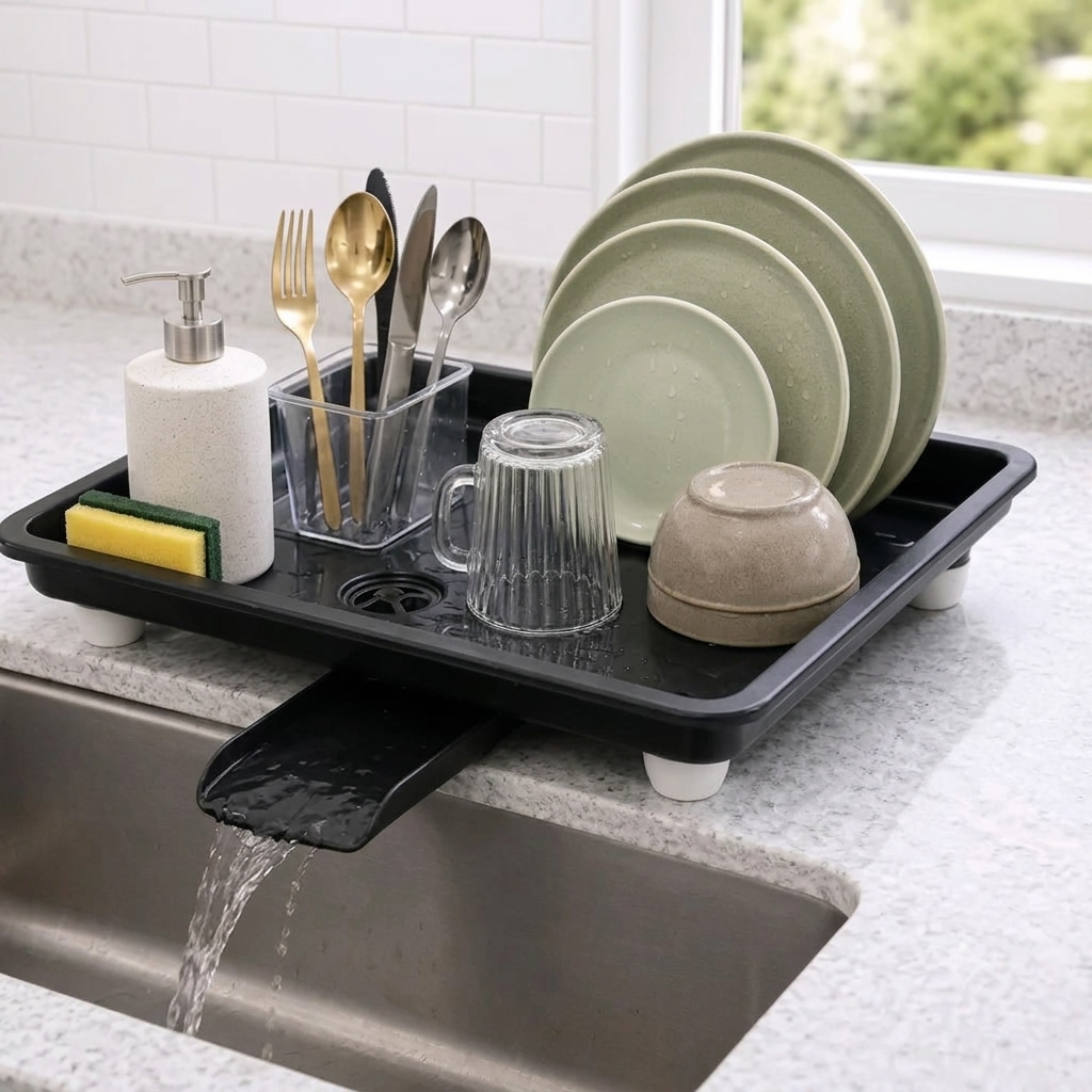 Dish Drying Rack Tray with Self-Draining Water Spout